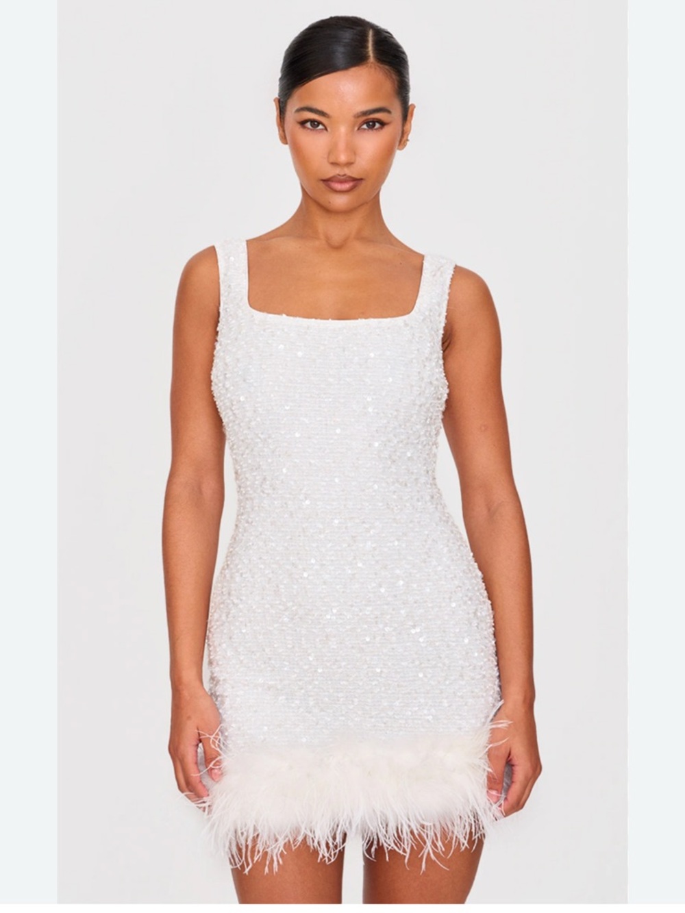 PrettyLittleThing White Sequin Feather Trim Mini Dress